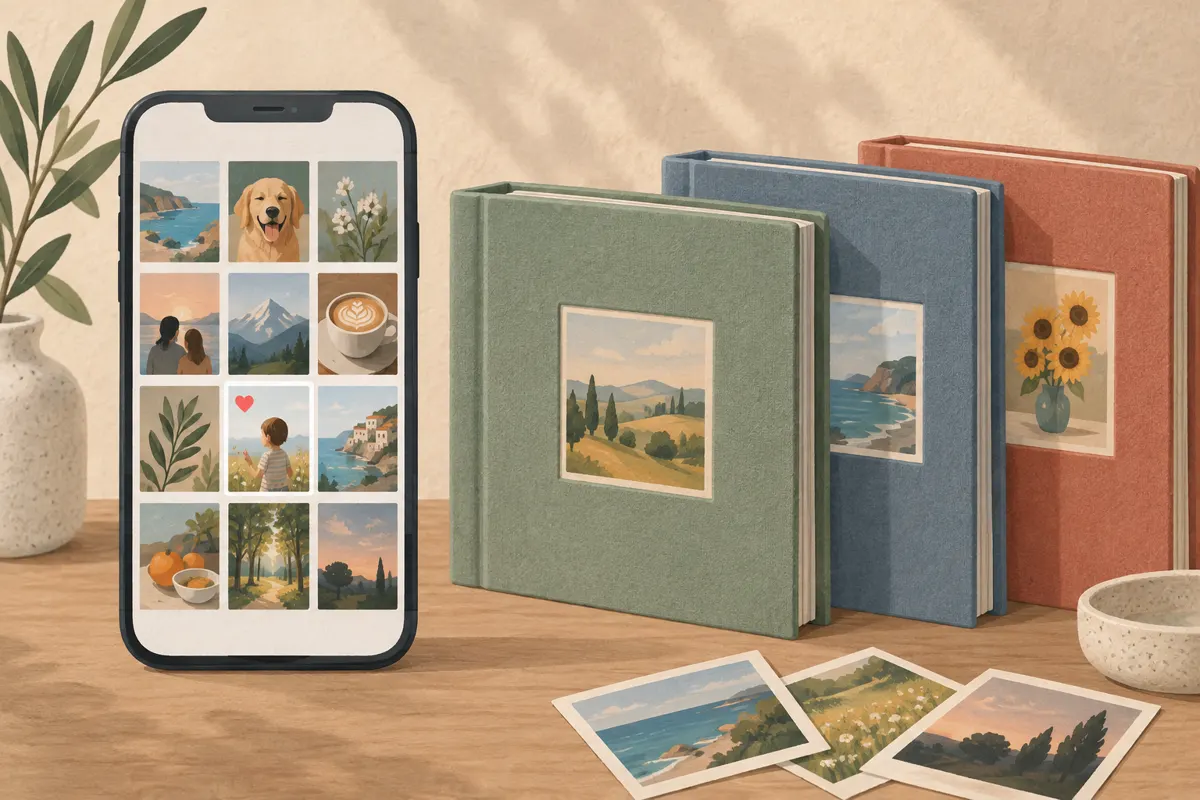 Ilustracja telefonu z uporządkowanymi zdjęciami, albumami i oznaczeniem ulubionego kadru