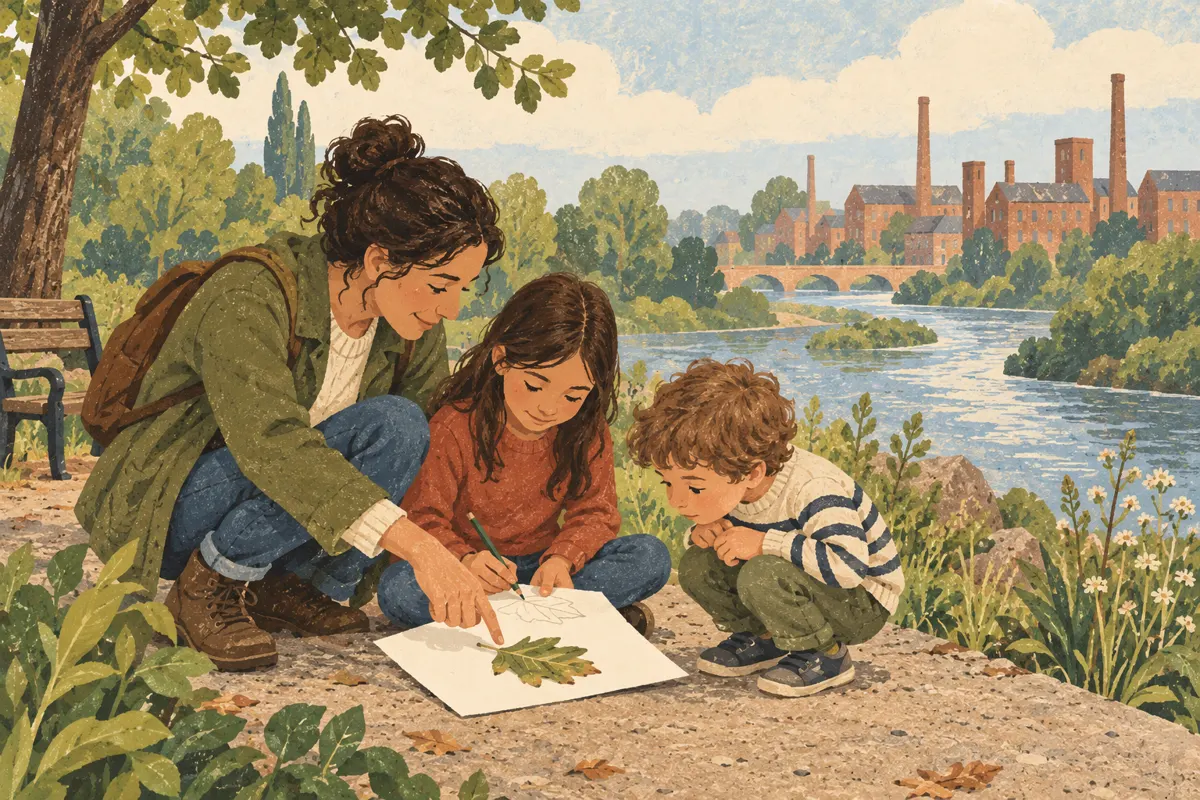 Ilustracja rodziny obserwującej otoczenie i rysującej odkrycia podczas spaceru.